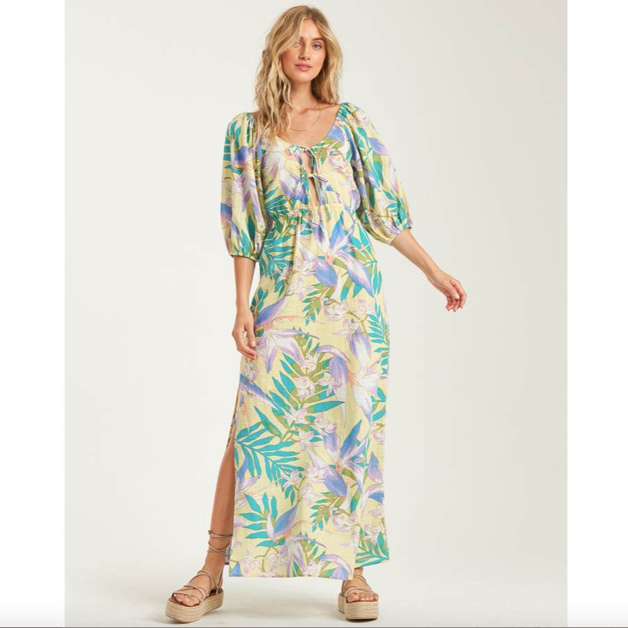 VESTIDO DE FLORES BILLABONG Billabong Today Wish Vestido largo de flores con mangas globo con un bonito estampado tropical en tonos pasteles. Un modelo muy favorecedor
