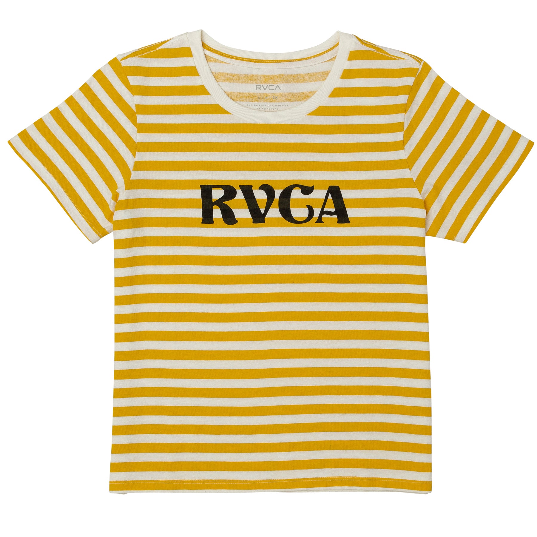 Camiseta Rvca Murphy Stripe Vintage White de manga corta de color blanco roto con lineas mostaza y letrero rvca en el pecho