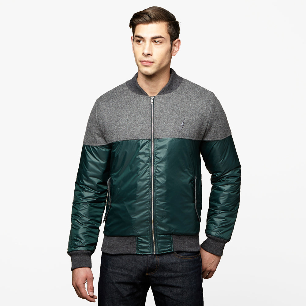 Chaqueta bomber Lightning Bolt Melton Insulated Kombu Green para hombre verde y gris estilo urbano