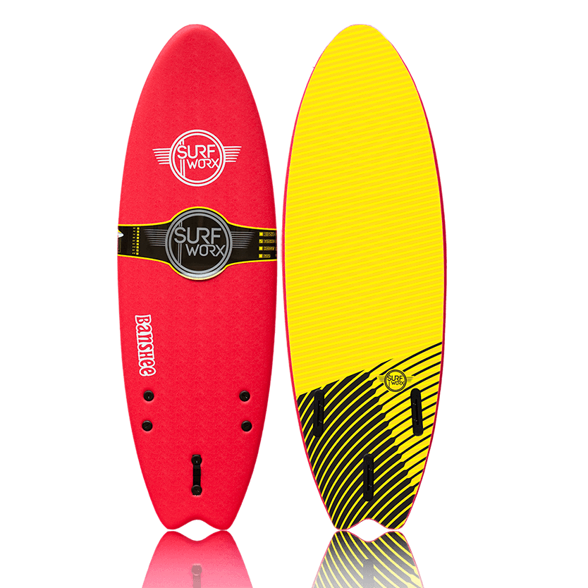 tabla de surf SurfWorx Banshee Hybrid 5’6 softboard híbrida 42 litros con quillas y leash incluidos
