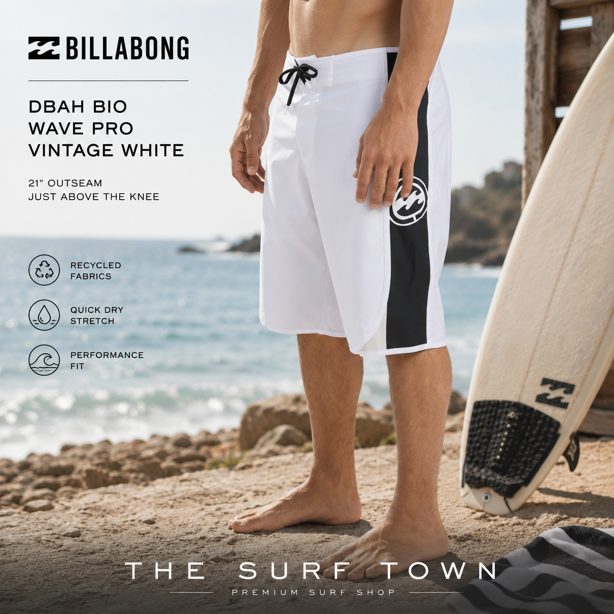 Bañadores largos Billabong de 21 pulgadas tendencia surf verano 2026 con modelos Throw On LB Black, Piped Pro Dark Denim, Fluid 2K Pro Pewter, Straddie Pro Blue Fog y DBAH Bio Wave Pro Vintage White en fotografía editorial propia de THE SURF TOWN.