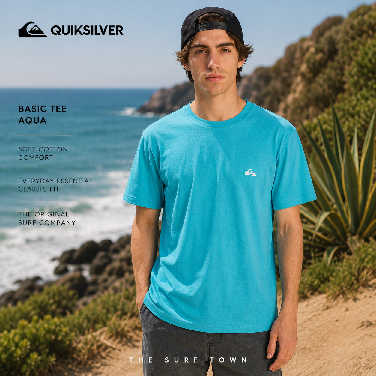 Guía de tallas Quiksilver para hombre con medidas de camisetas, cortes slim, regular y clásico en THE SURF TOWN
