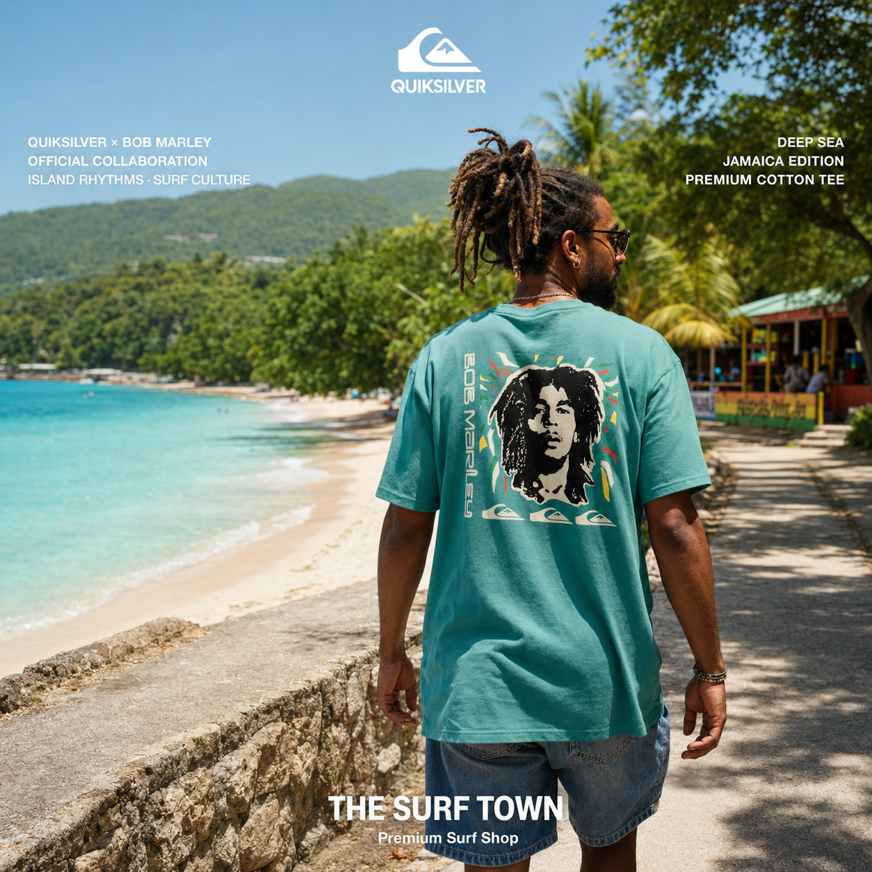 Bob Marley y la conexión entre el reggae, Quiksilver y la cultura surf, imagen editorial propia de THE SURF TOWN