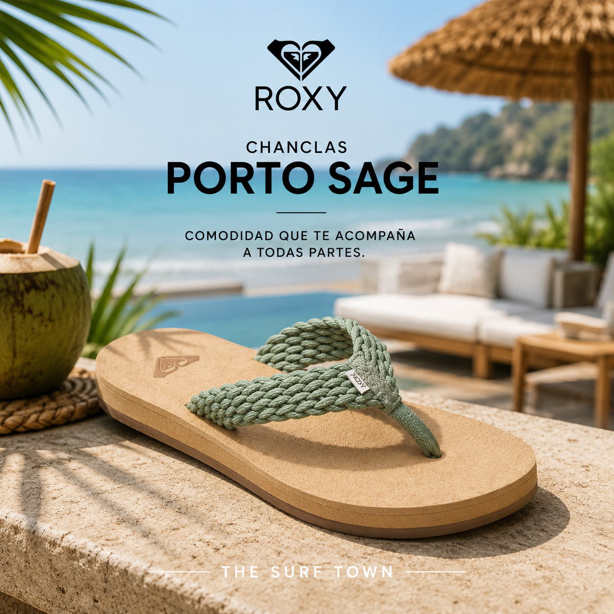 Chanclas Roxy para mujer cómodas para playa, paseo y verano - imagen editorial propia de THE SURF TOWN