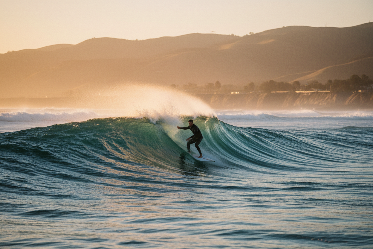 Surfista realiza un giro potente sobre una ola limpia del océano al amanecer