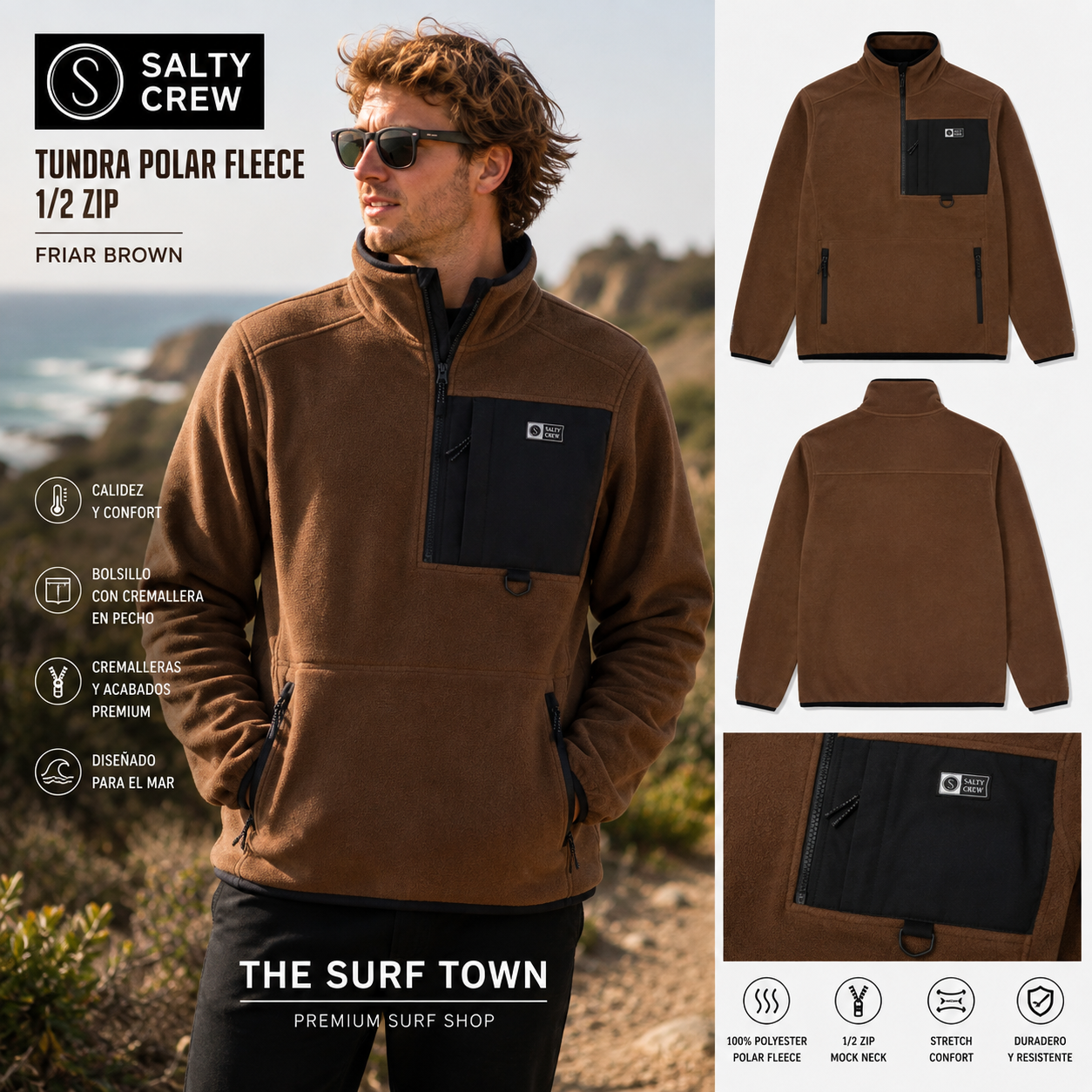 Forro Polar Salty Crew Tundra Polar Fleece 1/2 Zip Friar Brown, imagen editorial propia de THE SURF TOWN
