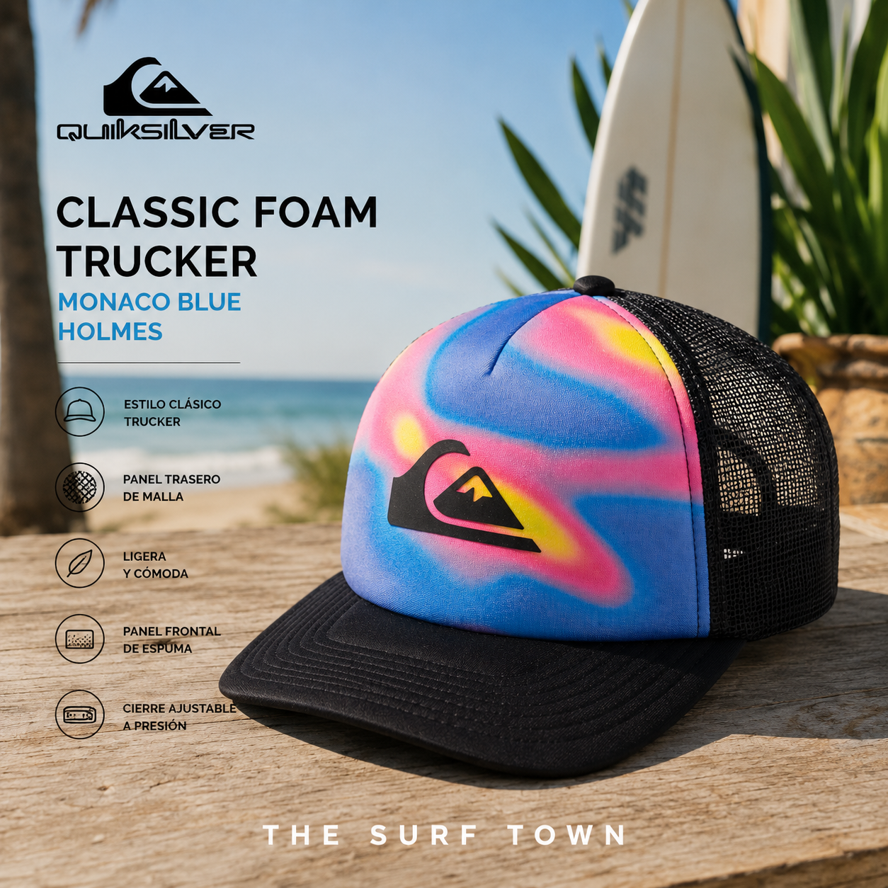 Gorra Quiksilver trucker con visera curva y ajuste snapback - imagen editorial propia de THE SURF TOWN