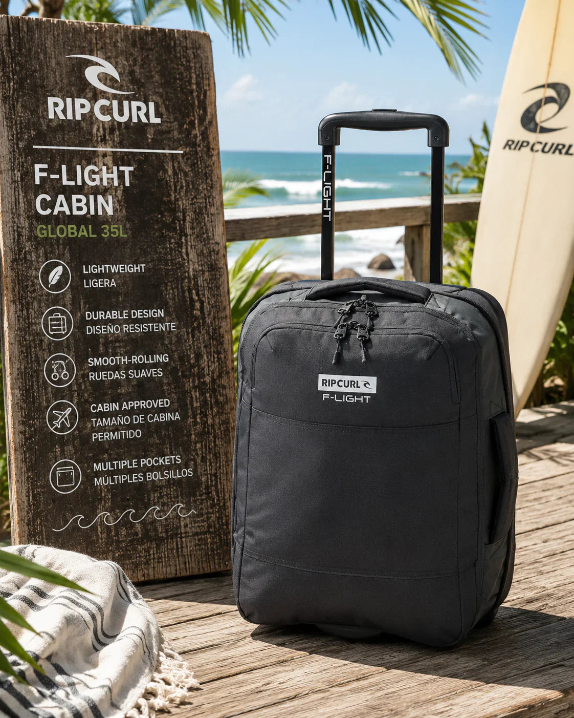 Persona preparando una maleta de vacaciones con un boardshort, camiseta premium, chanclas, gorra y mochila sobre una cama. Fotografía editorial inspirada en el estilo surfero y los viajes de verano junto al mar.