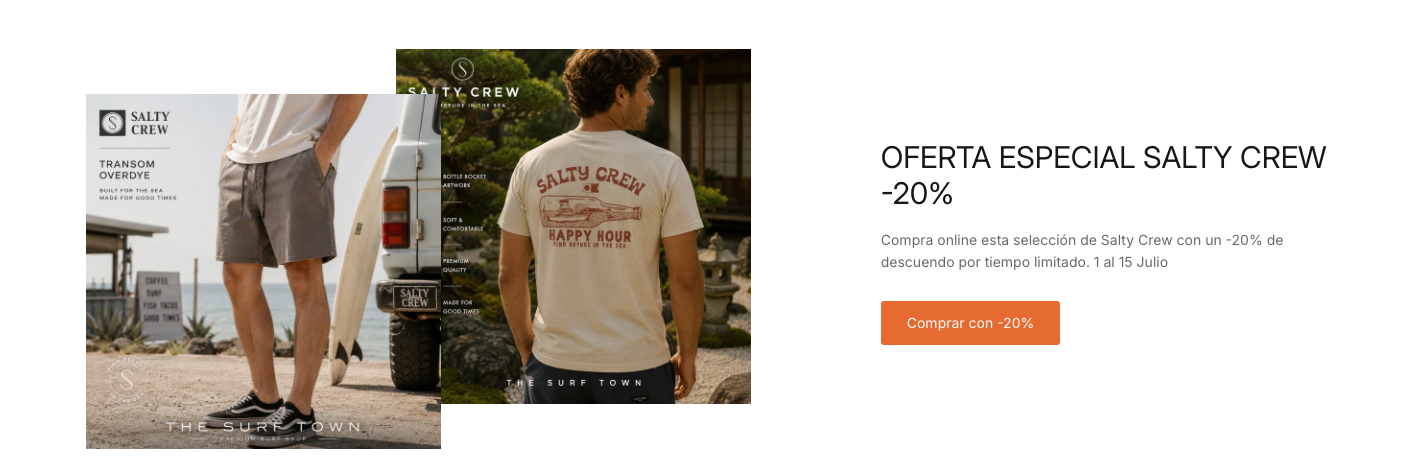 Oferta especial Salty Crew con un 20% de descuento en una selección de ropa surf para hombre disponible hasta el 15 de julio en THE SURF TOWN.