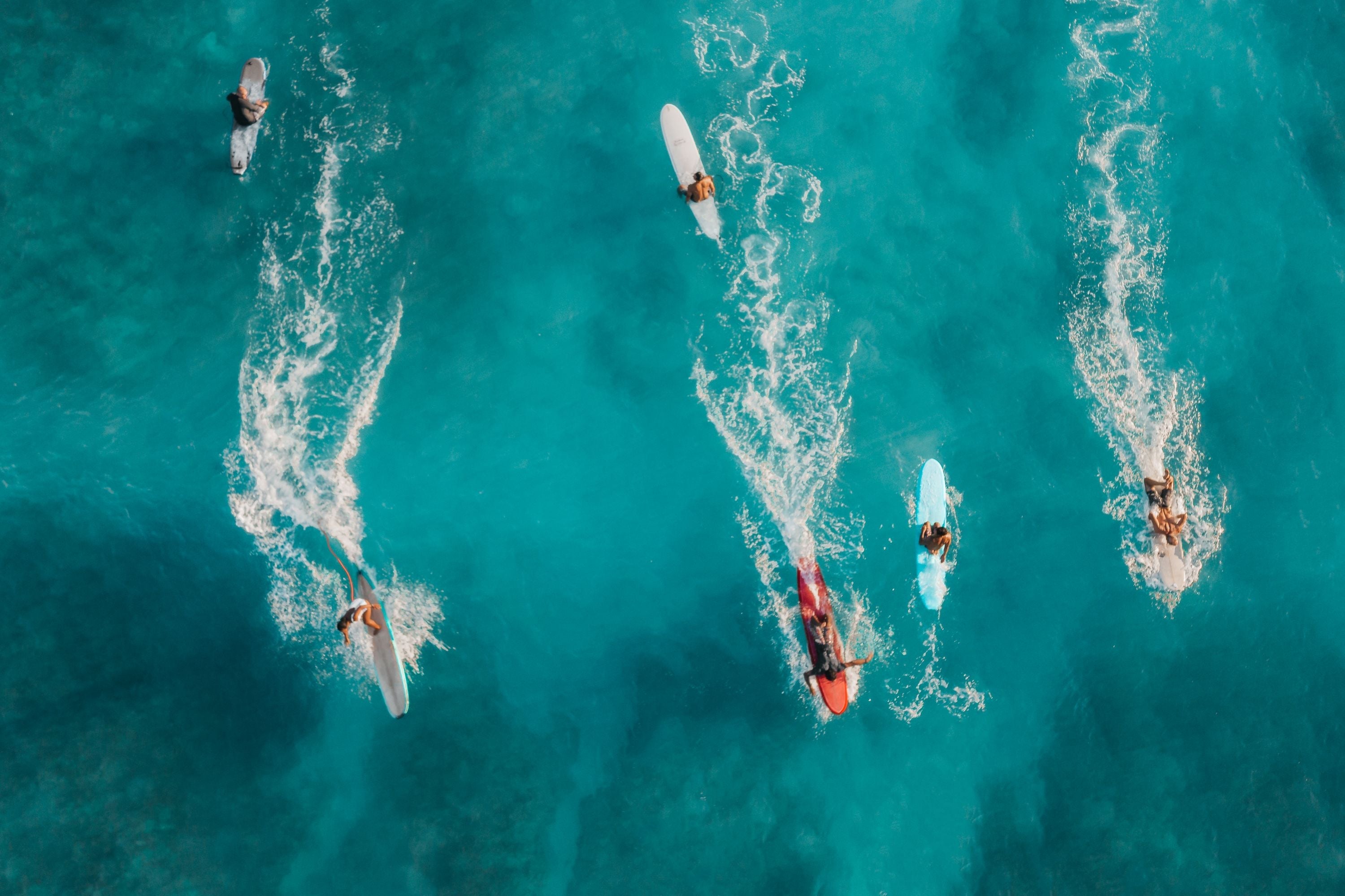 Lineup de surfistas visto desde el aire con una ola abriendo
