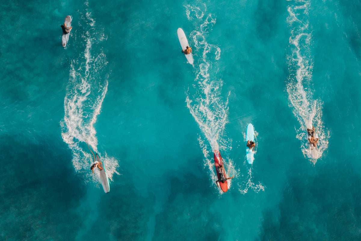 Lineup de surfistas visto desde el aire con una ola abriendo