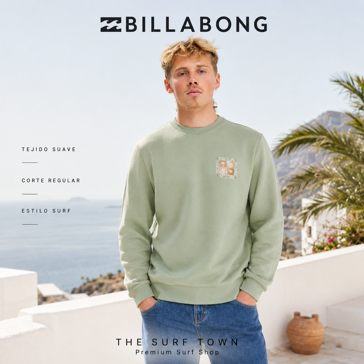 Sudadera Billabong Foundation Sea Spray en escena editorial, imagen editorial propia de THE SURF TOWN