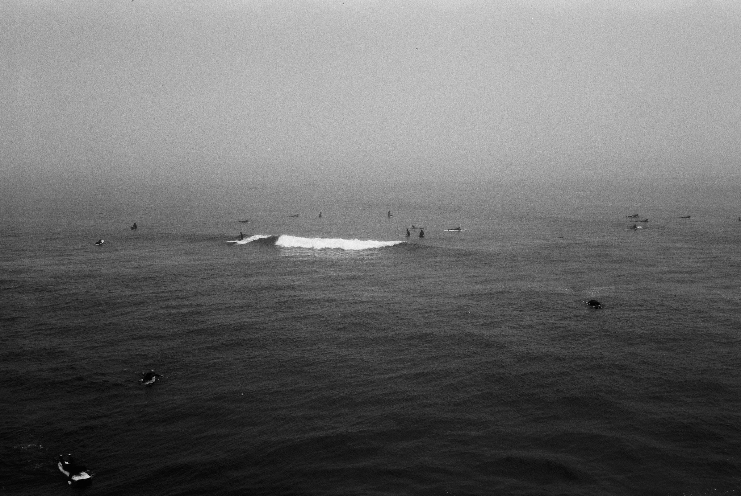 Surfistas entre olas con niebla densa sobre el océano