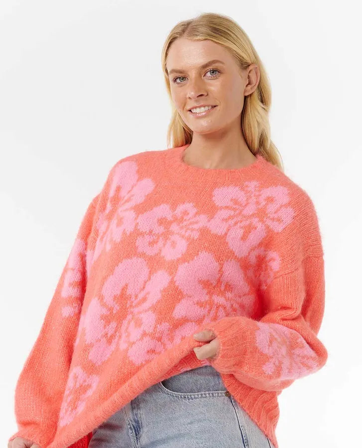 Jersey Rip Curl Hibiscus Heat Jacquard Crew Watermelon