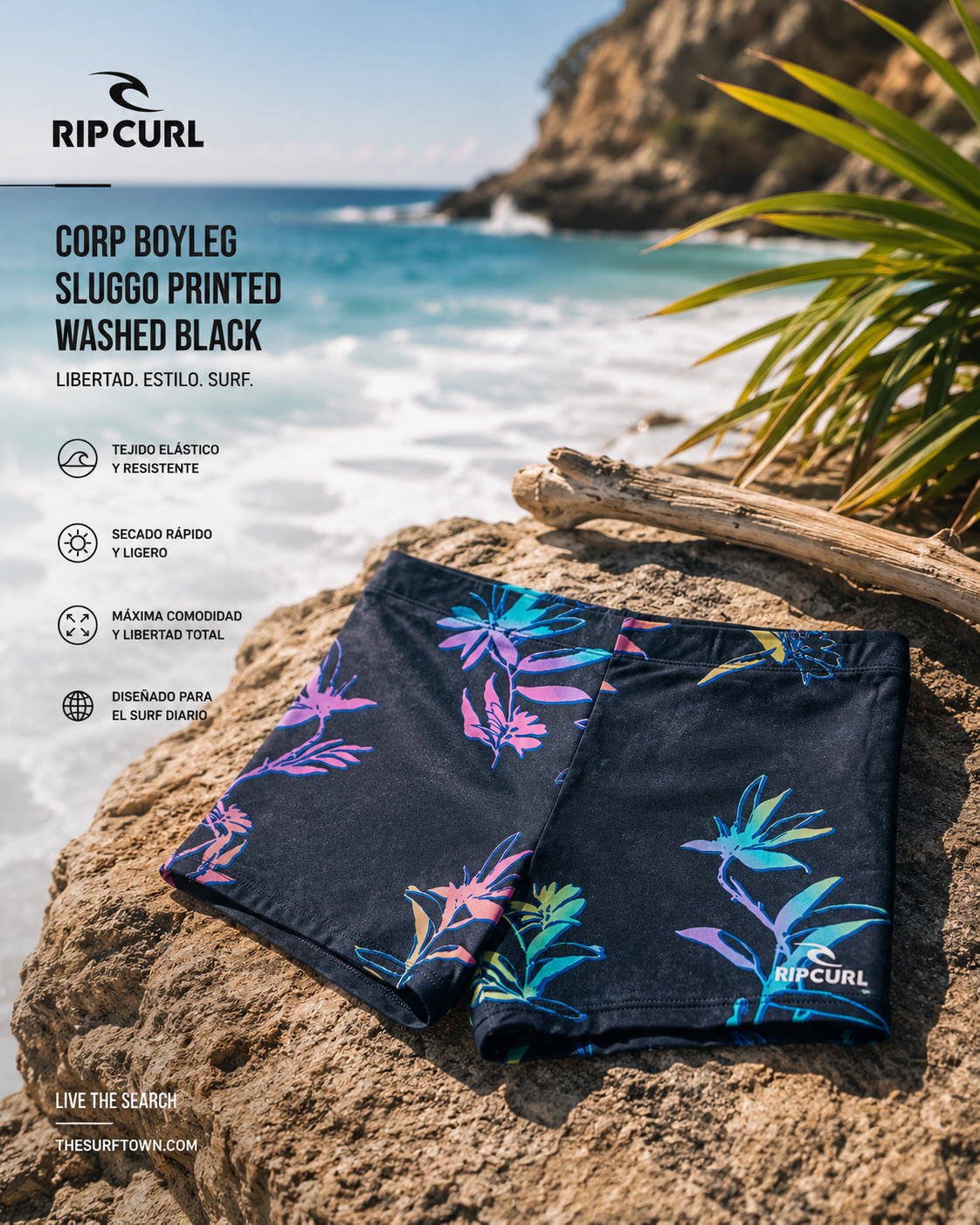 bañador rip curl de natacion de pantalon corto pegado como una licra con estampado floral 