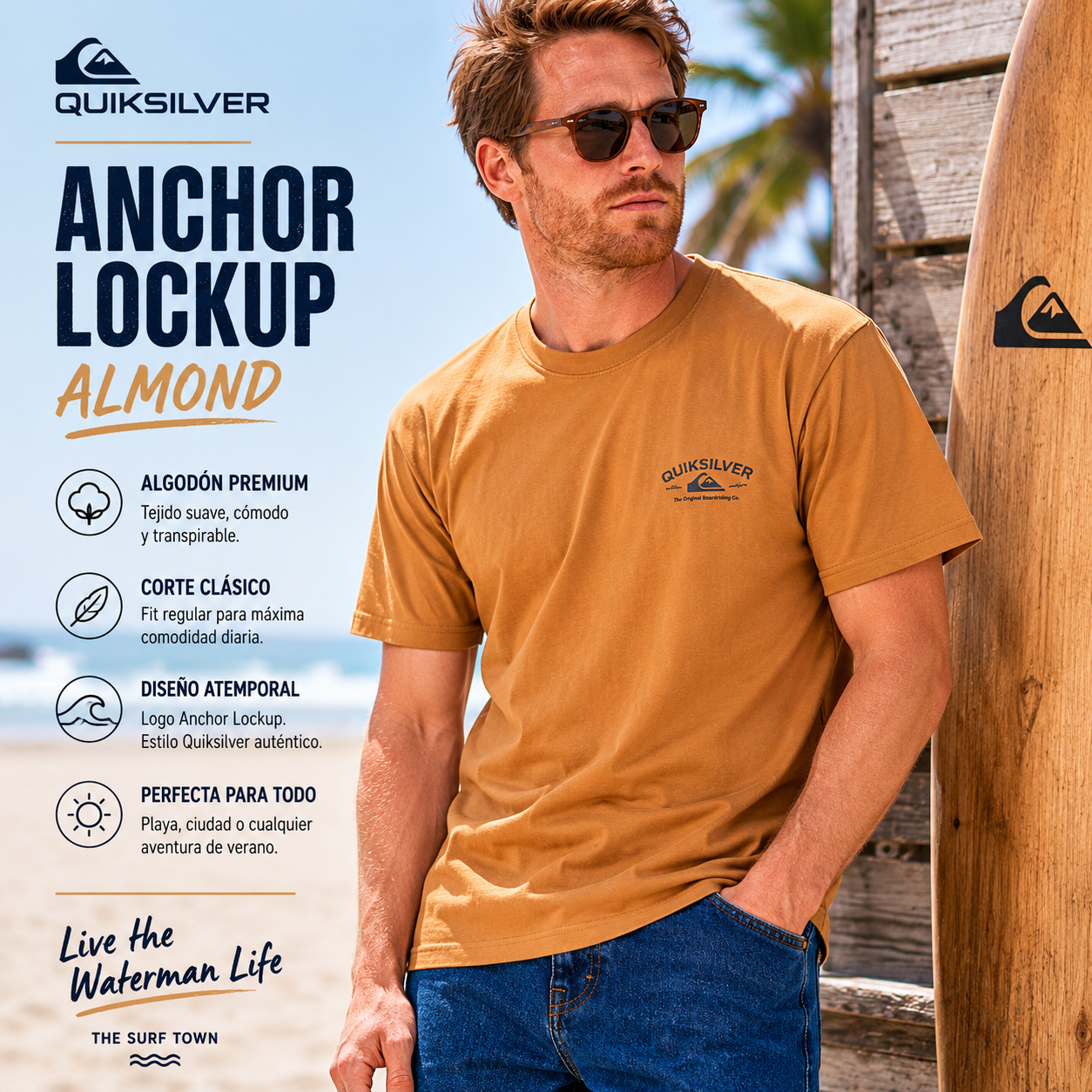 Camiseta Quiksilver Anchor Lockup Almond hombre en campaña lifestyle surf premium junto a tabla de surf y beach house soleada
