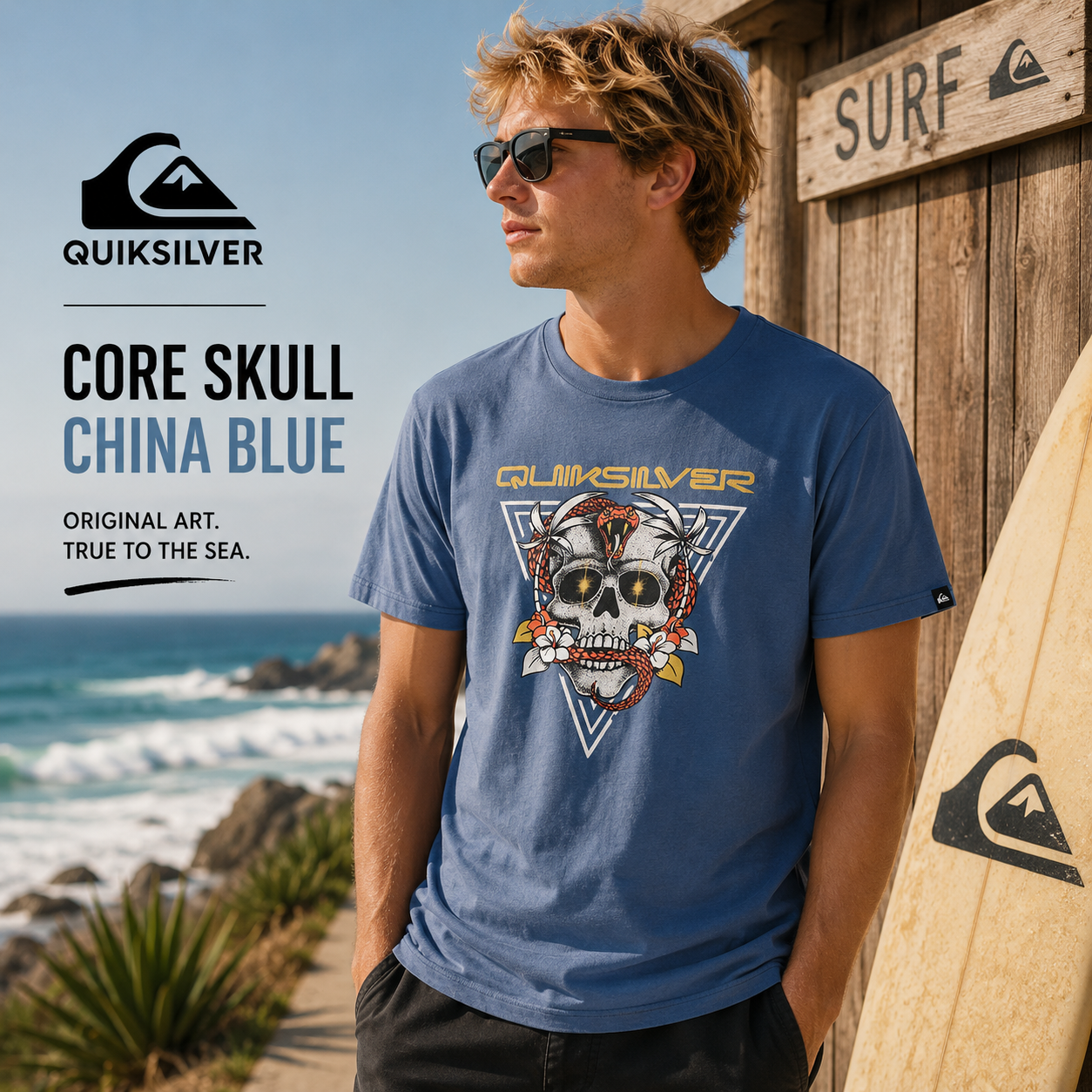 Camiseta Quiksilver Core Skull China Blue hombre en diseño surfwear premium con gráfico skull retro y estética coastal vintage