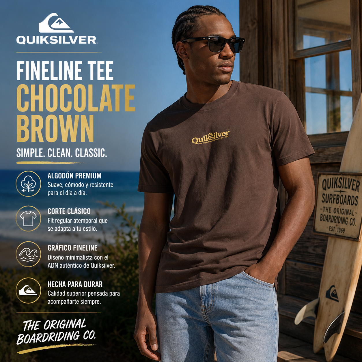 Camiseta Quiksilver Fineline Chocolate Brown hombre en campaña editorial surf premium junto a beach house y tablas de surf
