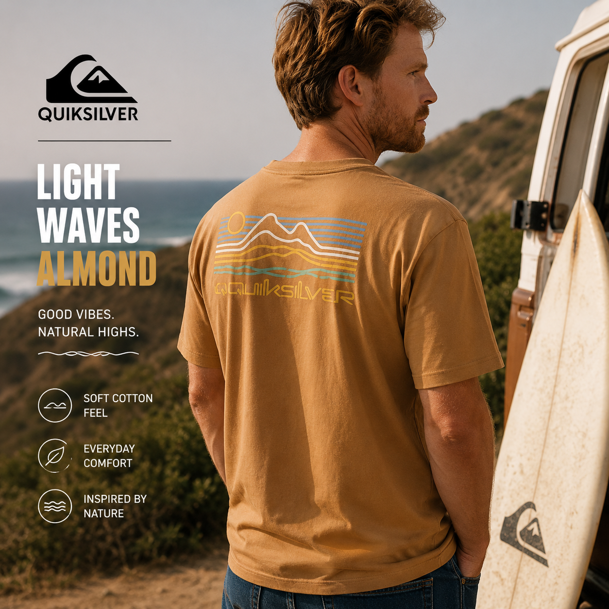 Camiseta Quiksilver Light Waves Almond hombre en campaña surf lifestyle premium junto a costa salvaje y surf van retro