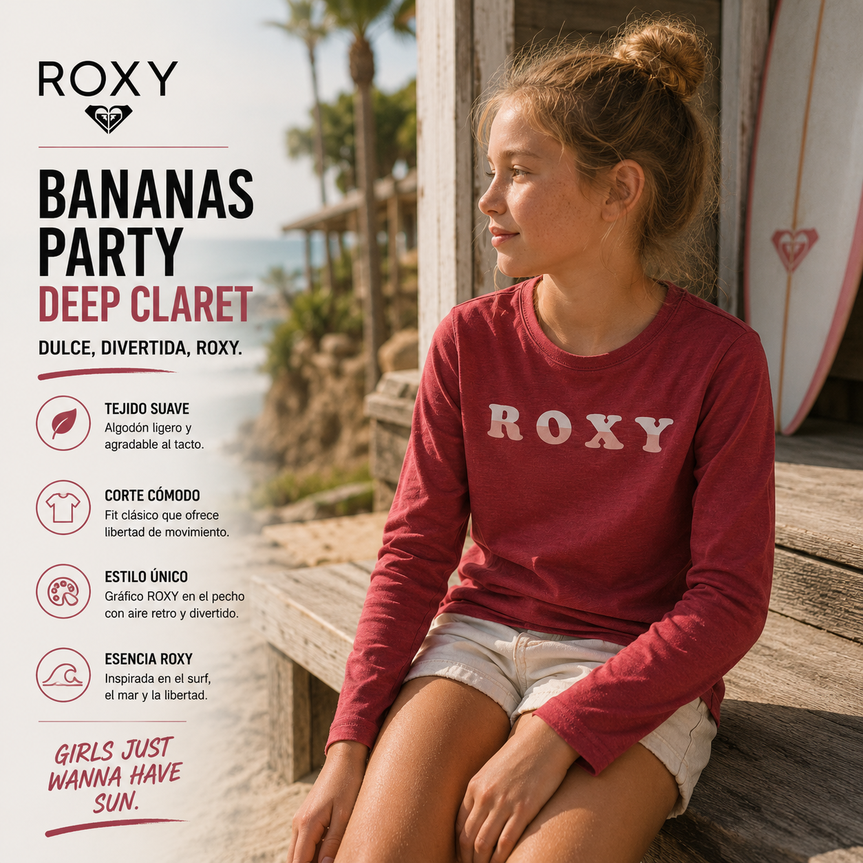 Camiseta Roxy Bananas Party Deep Claret niña en campaña lifestyle surf premium junto a beach house y playa soleada