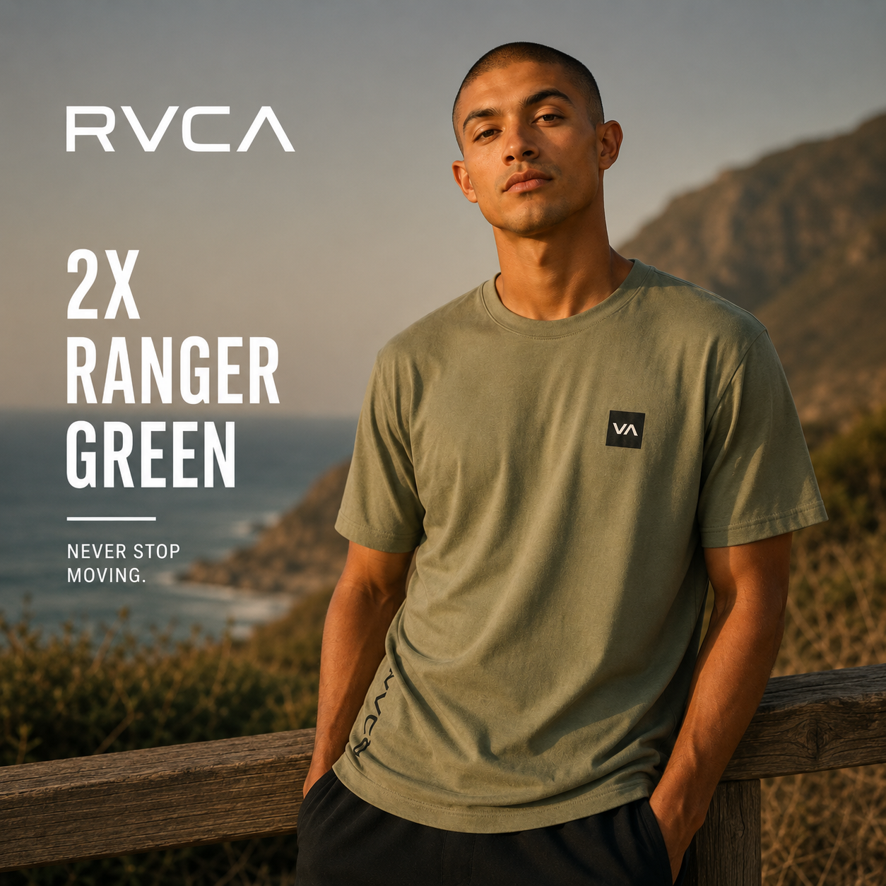 Camiseta Rvca 2X Ranger Green hombre en campaña outdoor lifestyle premium junto a acantilados y costa salvaje
