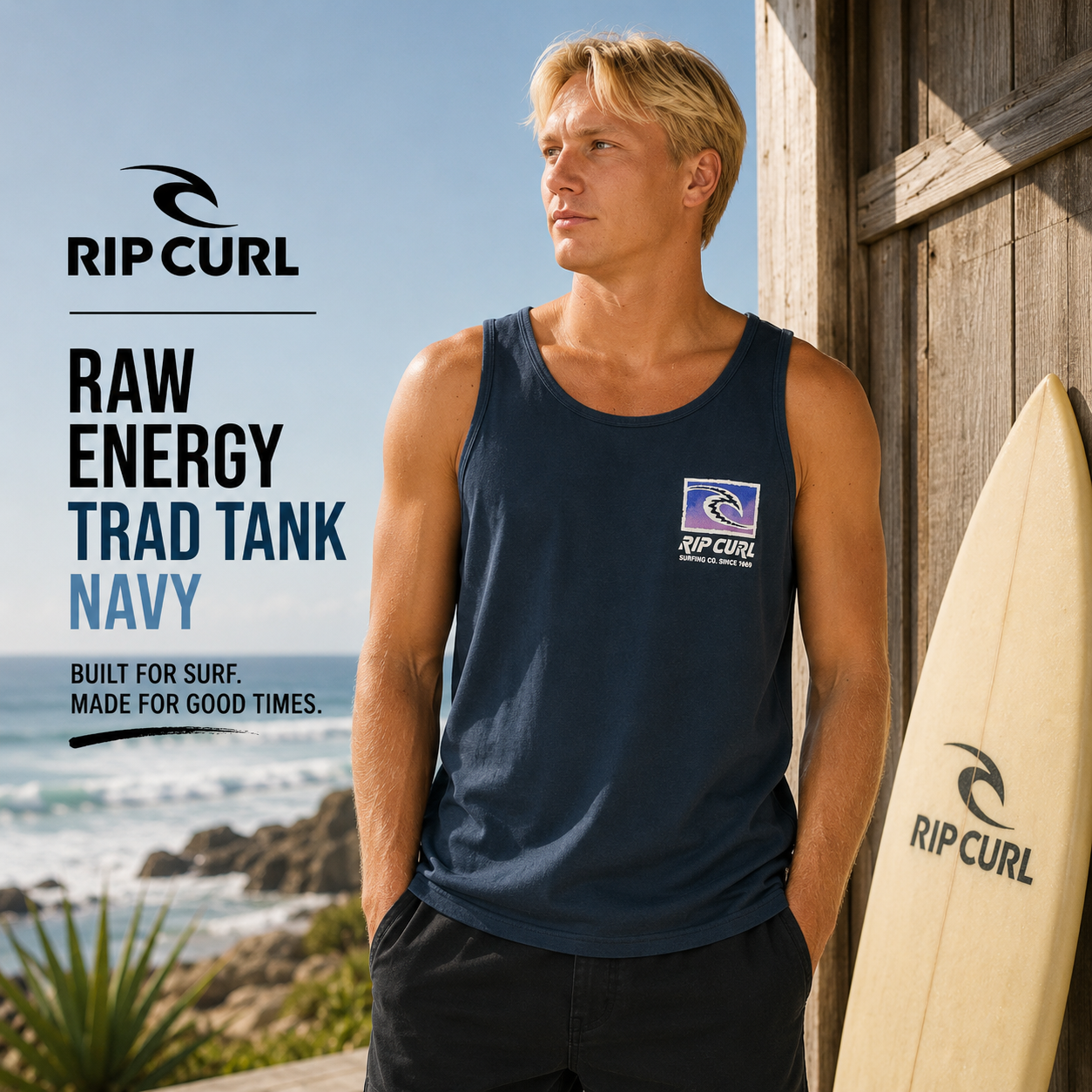 Camiseta tirantes Rip Curl Raw Energy Trad Tank Navy hombre en campaña surf lifestyle premium junto al océano y surf shack soleada