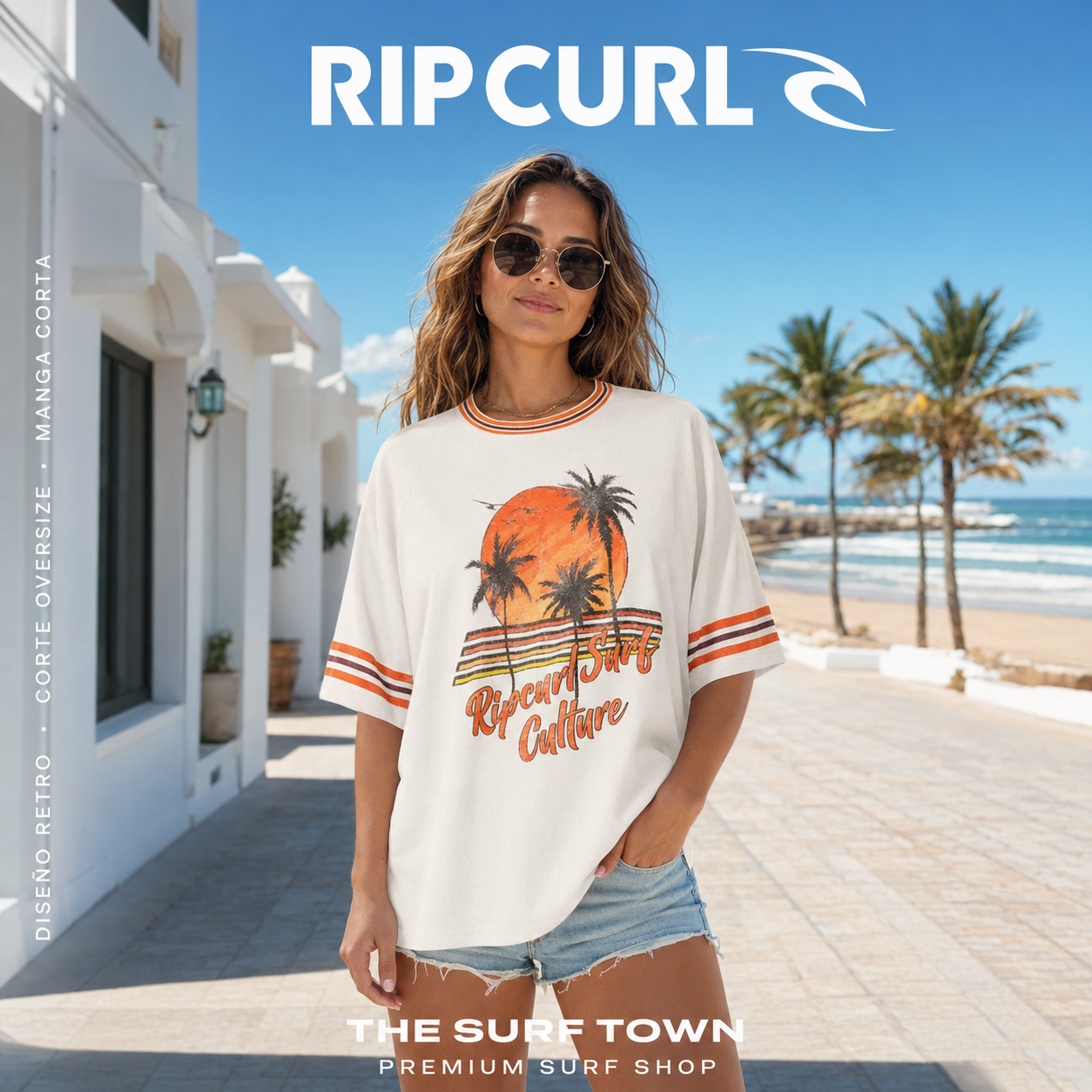 Camiseta Rip Curl Surf Culture Bone con diseño retro, franjas en las mangas y gráfico delantero, imagen editorial propia de THE SURF TOWN