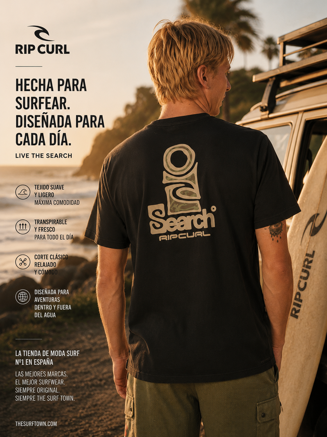 Camiseta negra Rip Curl para hombre con estampado trasero Search y estilo surfwear premium