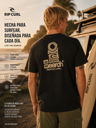 Camiseta negra Rip Curl para hombre con estampado trasero Search y estilo surfwear premium