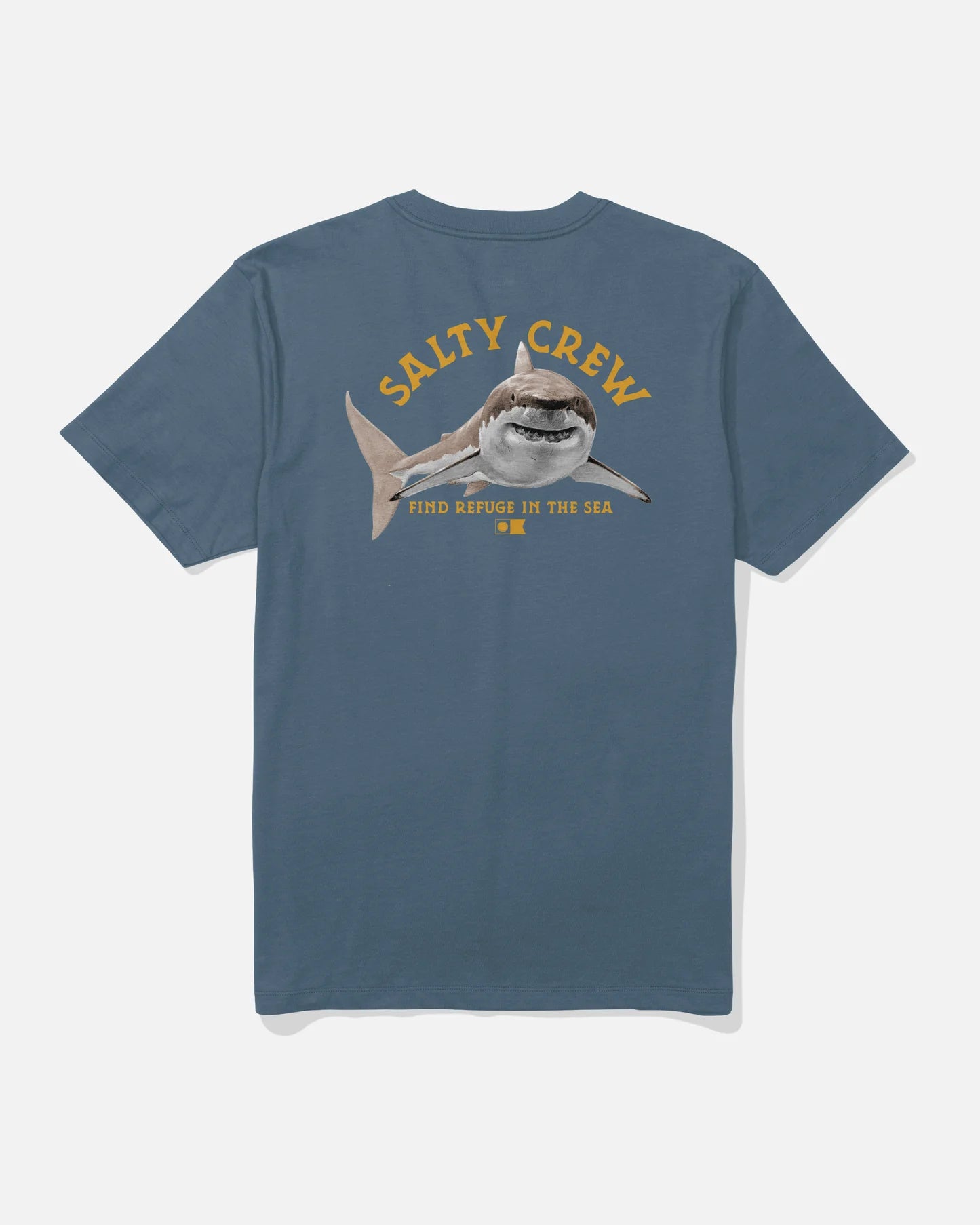 Camiseta SALTY CREW Lurking Slate azul pizarra con diseño de tiburón estilo surf pesca