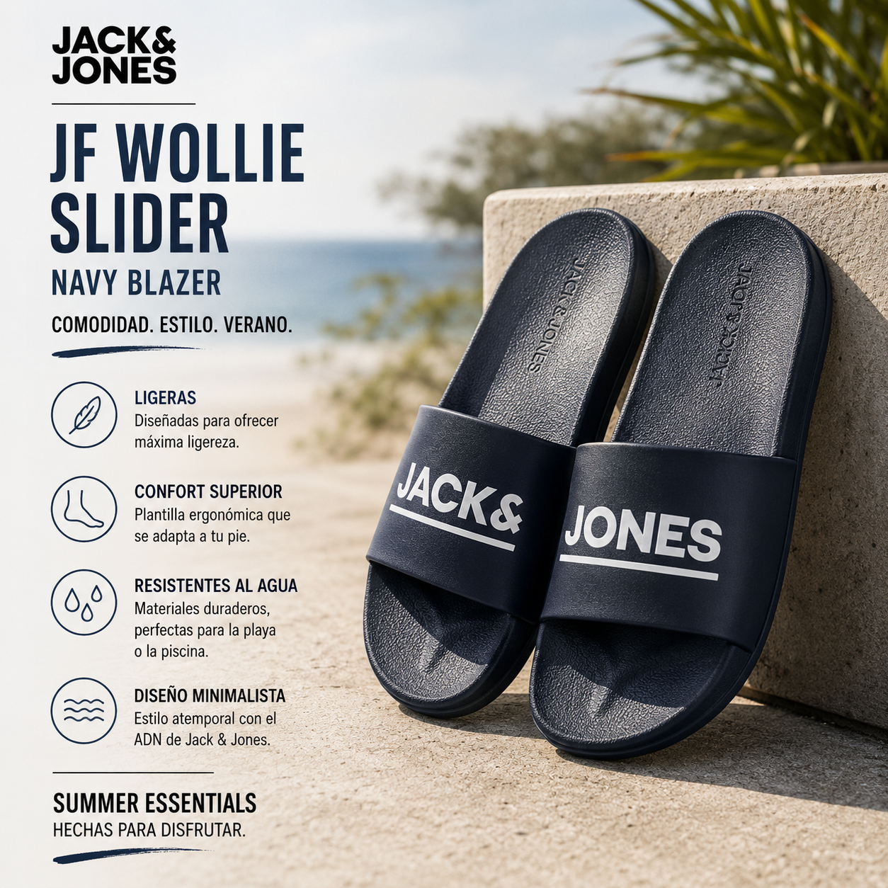 Chanclas Jack & Jones JFwollie Slider Navy Blazer en campaña lifestyle premium junto a piscina y ambiente veraniego soleado