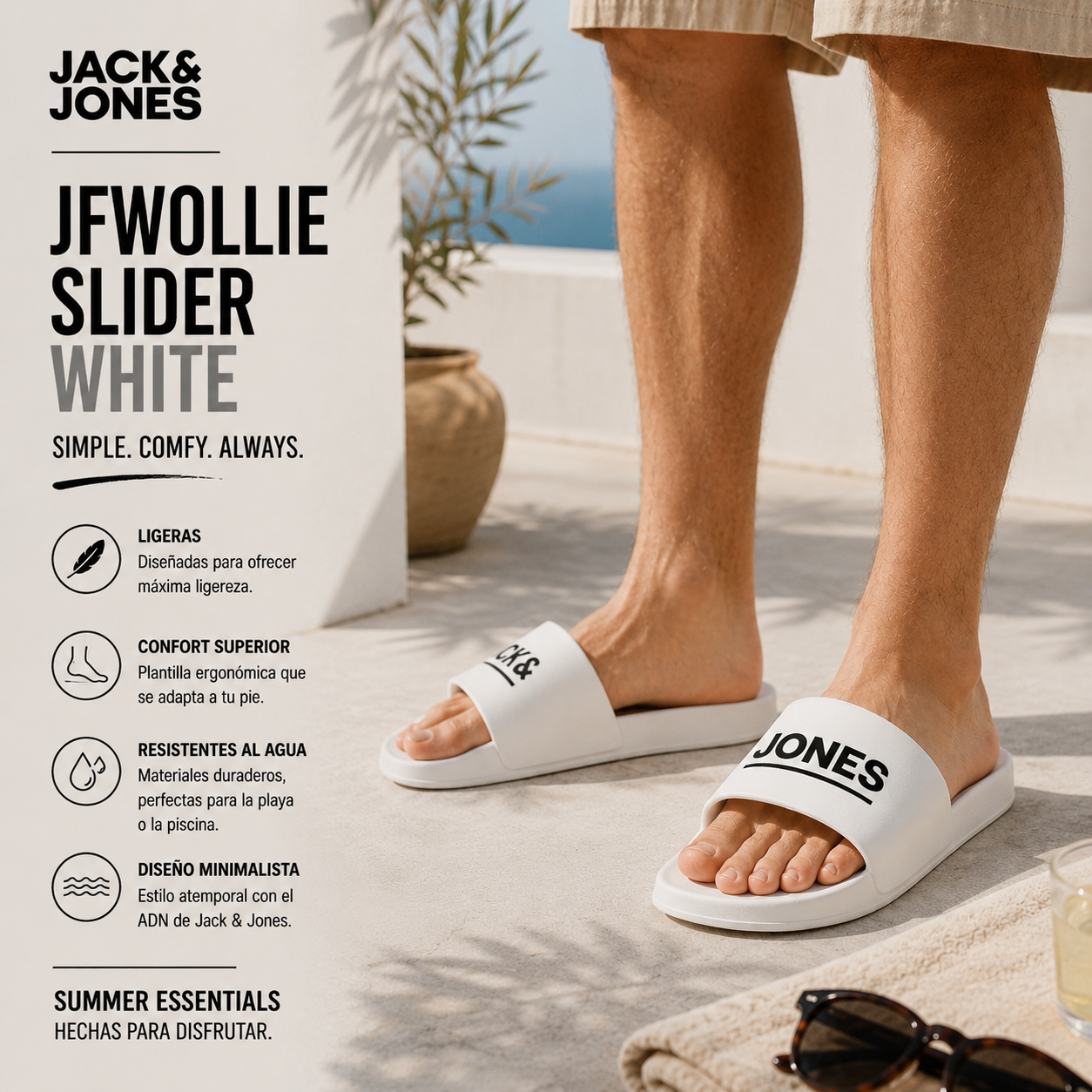 Chanclas Jack & Jones JFwollie Slider White hombre en campaña lifestyle resort premium con luz mediterránea y estética minimalista de verano