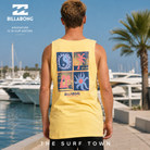 Camiseta de tirantes Billabong Twin Peaks Papaya para hombre en marina premium mediterránea con yates de lujo, fotografía editorial propia de THE SURF TOWN inspirada en el surf lifestyle internacional