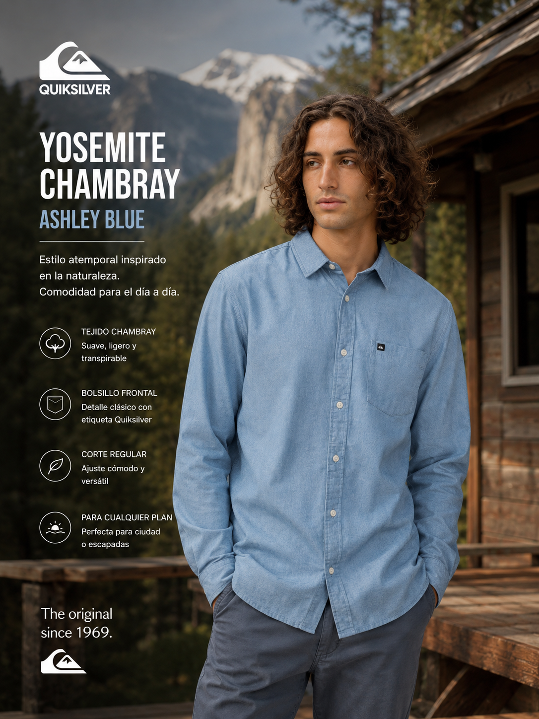 Camisa Quiksilver Yosemite Chambrayls Ashley Blue estilo outdoor surf premium para hombre
