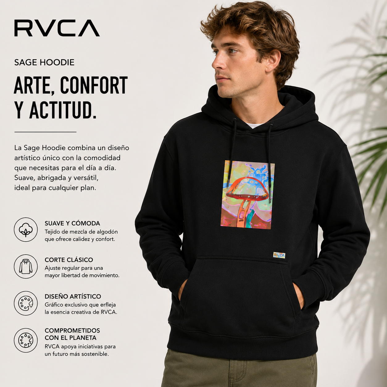 Sudadera RVCA Sage Hoodie Black para hombre con diseño artístico y estilo surf streetwear