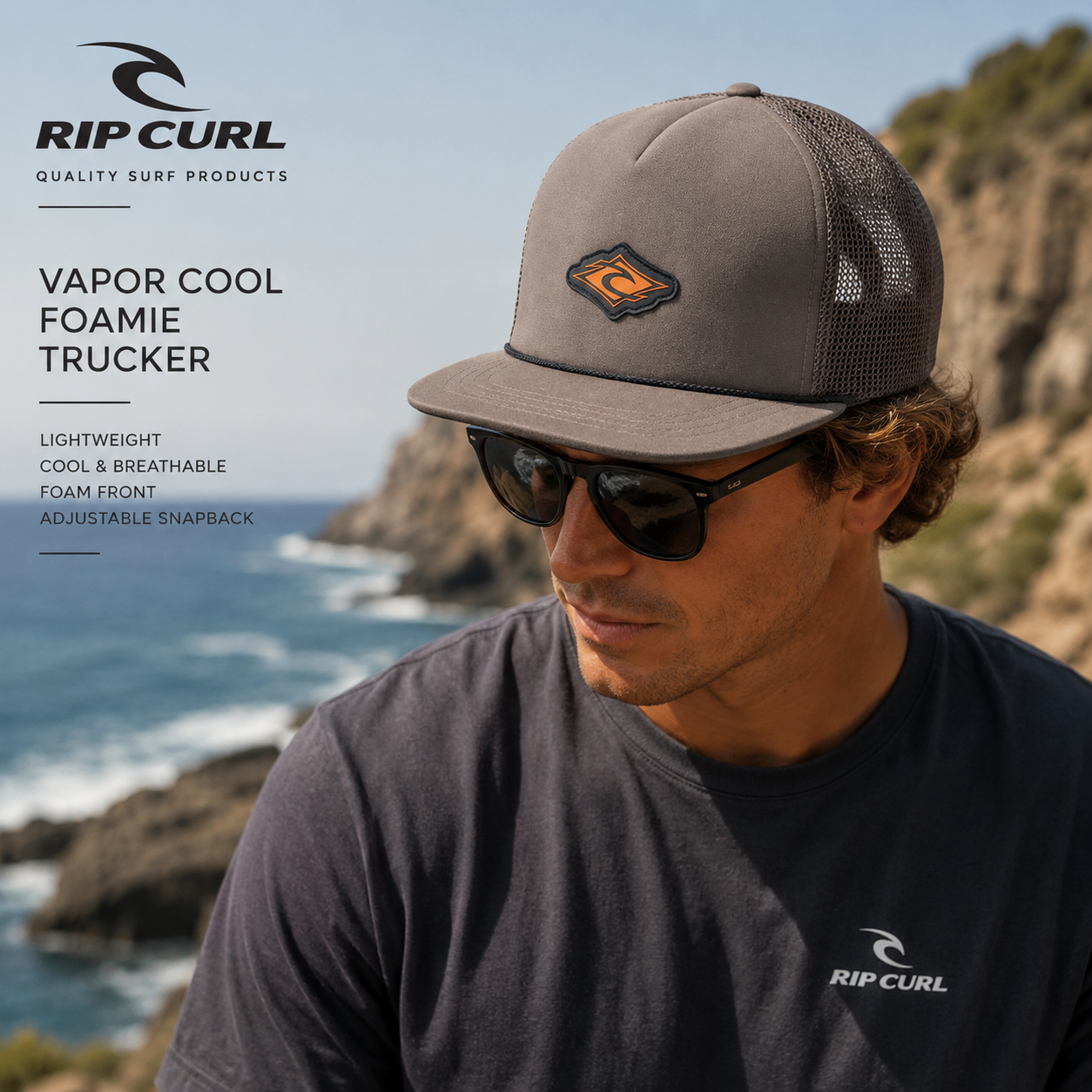 Gorra Rip Curl Vapor Cool Foamie Trucker en escenario coastal premium con estilo surf y acantilados oceánicos