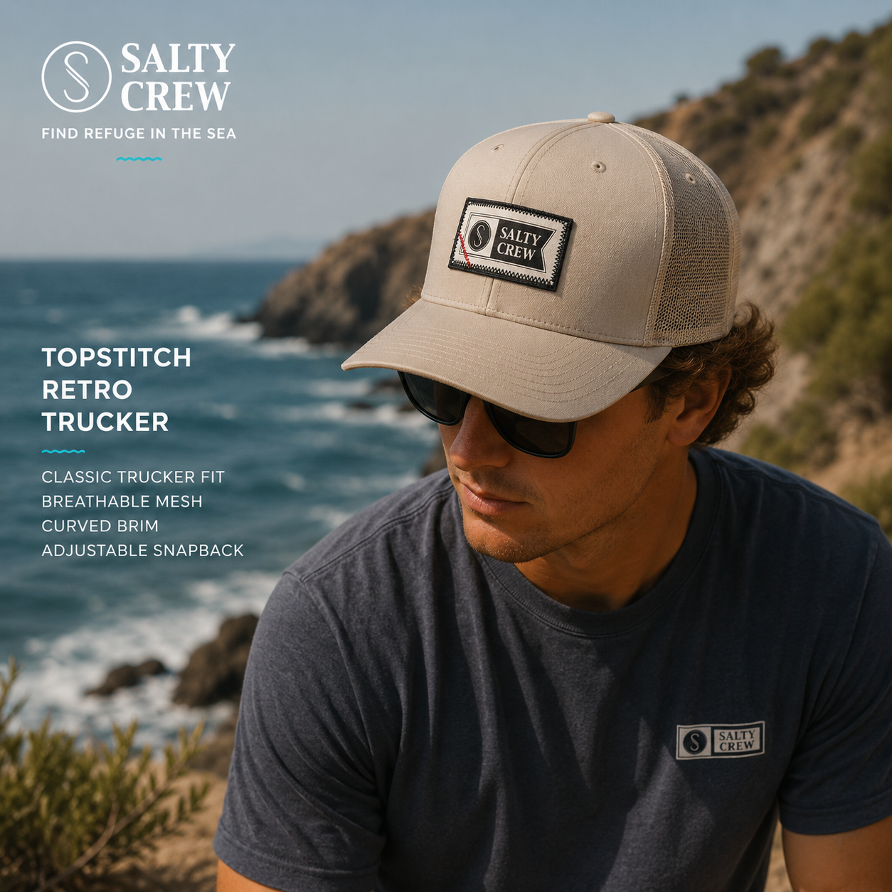 Gorra Salty Crew Topstitch Retro Trucker Khaki en escenario coastal premium con estilo surf y acantilados oceánicos