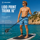 Bañador Volcom Lido Print Trunk 16 Navy practicando paddle surf en aguas cristalinas con estilo surf premium