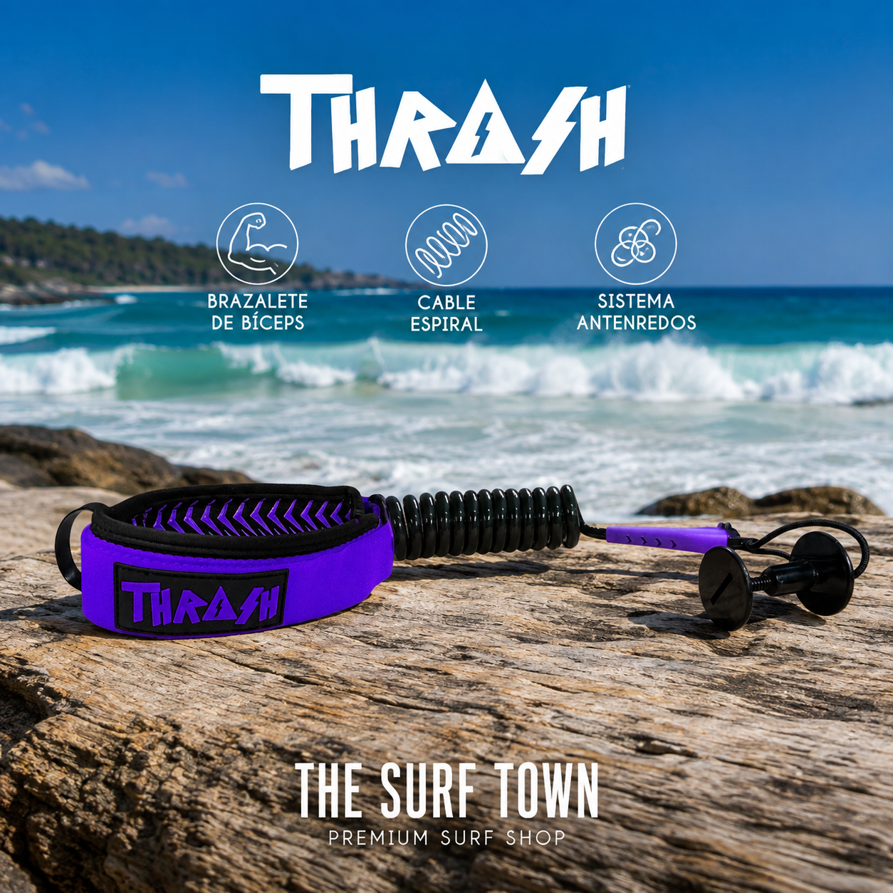 Invento THRASH V-Grip de bíceps Black/Purple para bodyboard, con brazalete acolchado, interior V-Grip y cable espiral. Compra online.