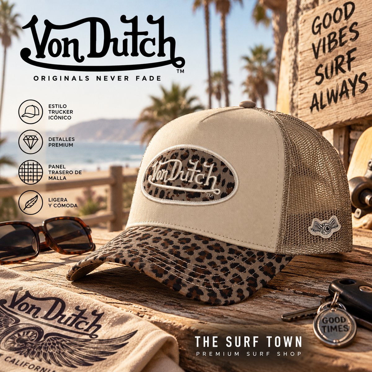 imagen editorial propia de the surf town de una gorra von dutch de color beige con la visera de leopardo en un entorno de costa del mar