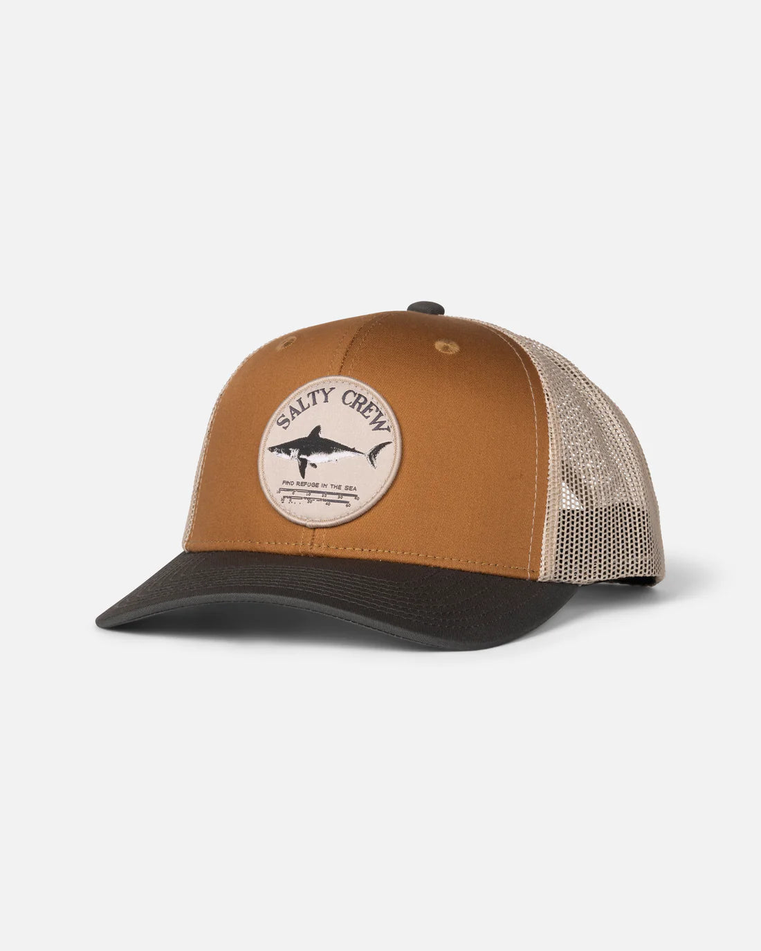 Gorra SALTY CREW Bruce Trucker Brown Iron marrón con rejilla y parche frontal estilo surf