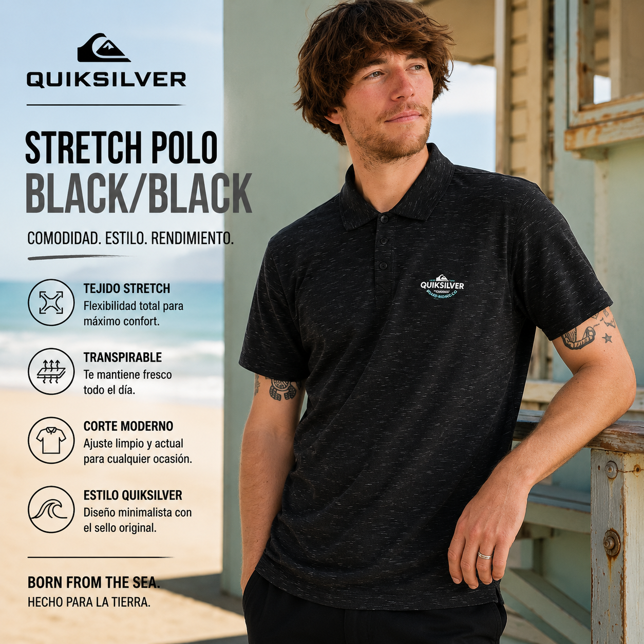 Polo Quiksilver Stretch Black Black hombre en campaña lifestyle surf premium junto a caseta de playa y ambiente costero soleado