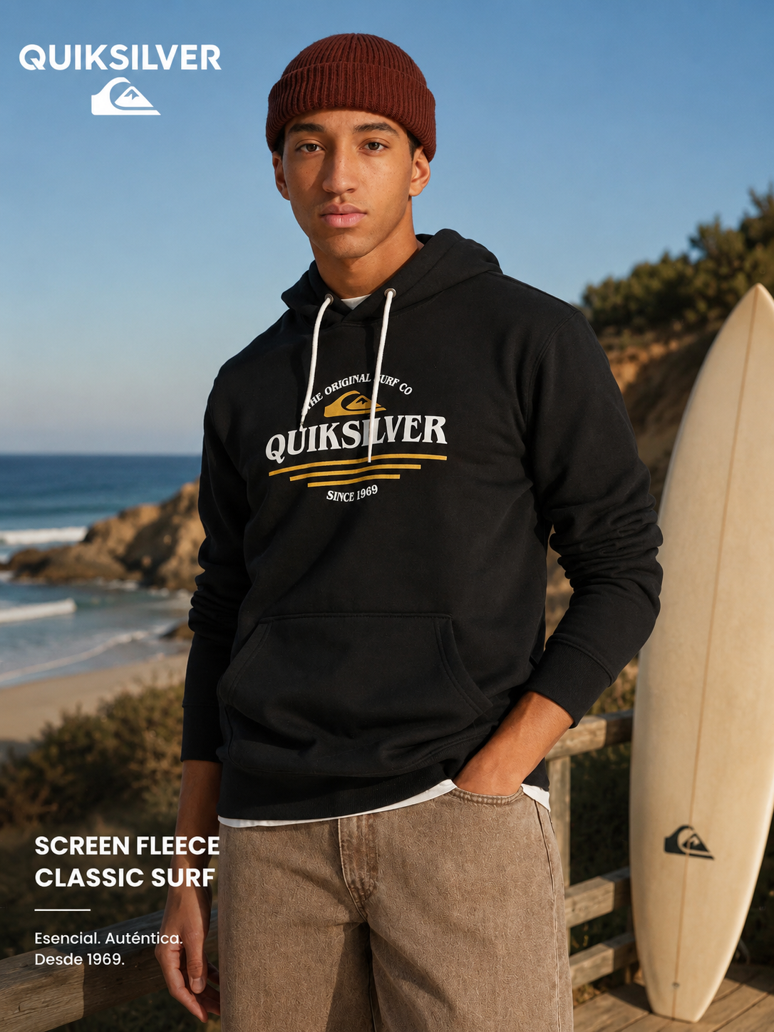 Sudadera Quiksilver Screen Fleece Classic Surf Black negra estilo surfwear premium para hombre
