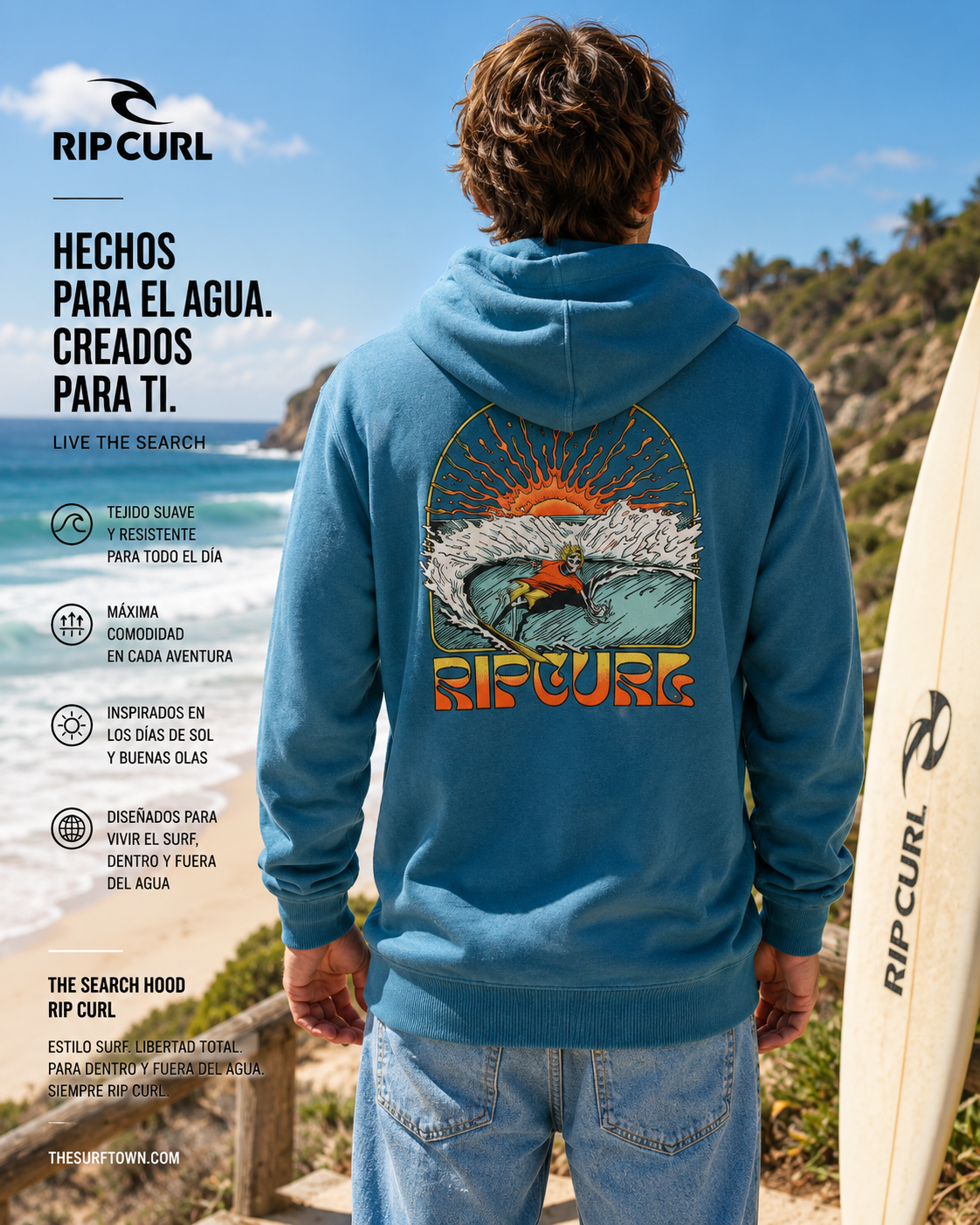 Sudadera Rip Curl Search Hood azul para hombre con estampado surfero y estilo surfwear premium