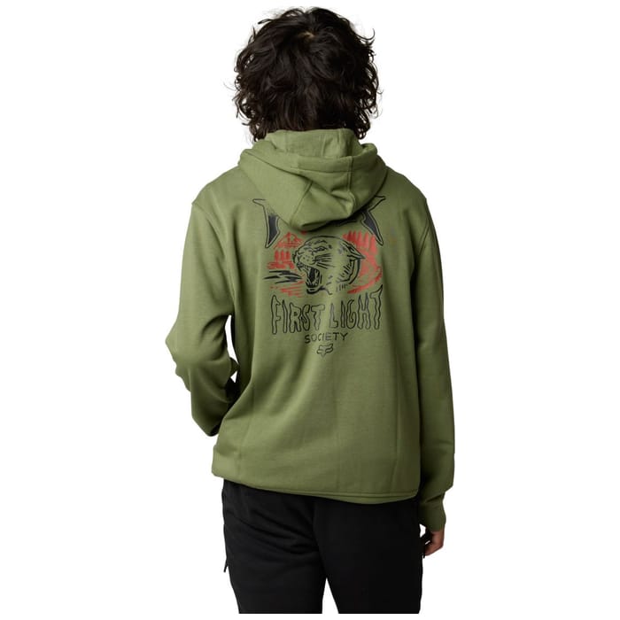 Sudadera ligera con capucha FOX, de color verde militar con dibujo y logo en pecho y espalda. 