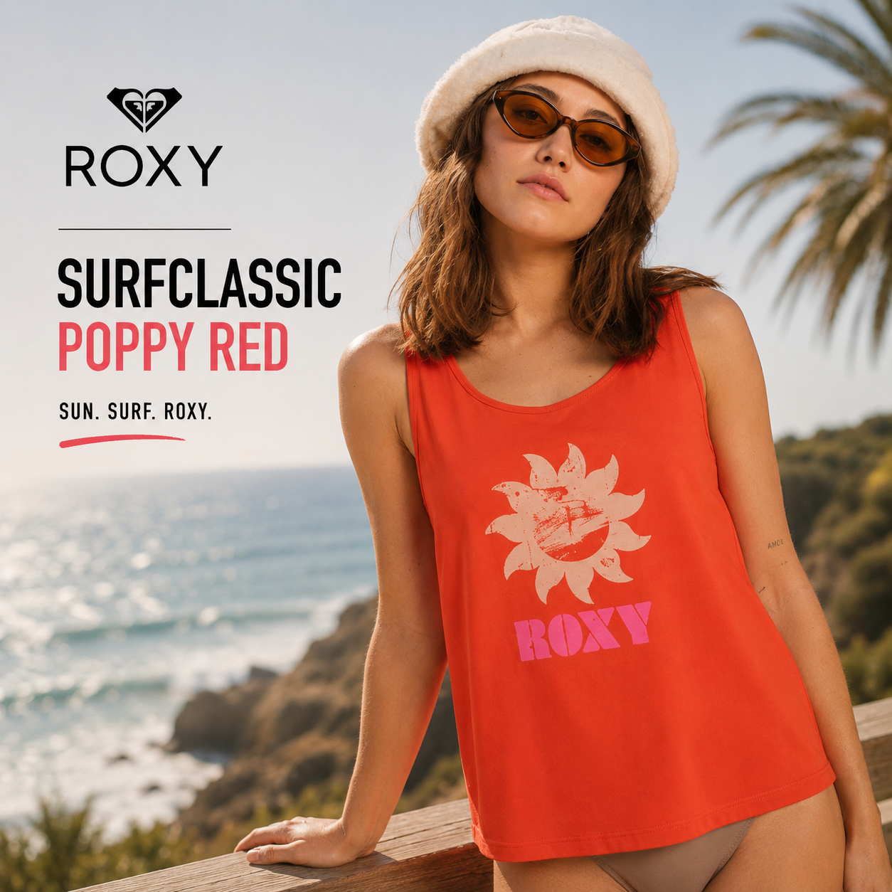 Top Roxy Surfclassic Poppy Red mujer en campaña lifestyle surf premium junto al mar y acantilados soleados