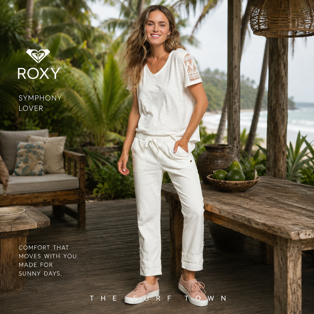 Pantalón Roxy Symphony Lover en fotografía editorial propia de THE SURF TOWN en surf lodge tropical premium de Costa Rica