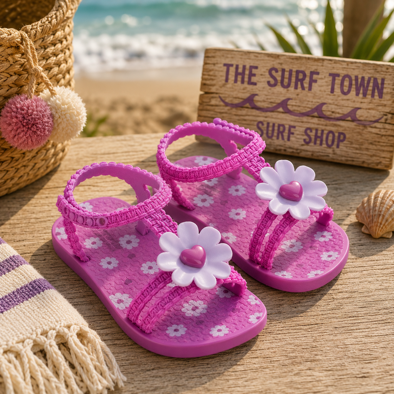 Sandalias bebé Ipanema rosas con flores delanteras en ambiente playa mediterránea surf lifestyle