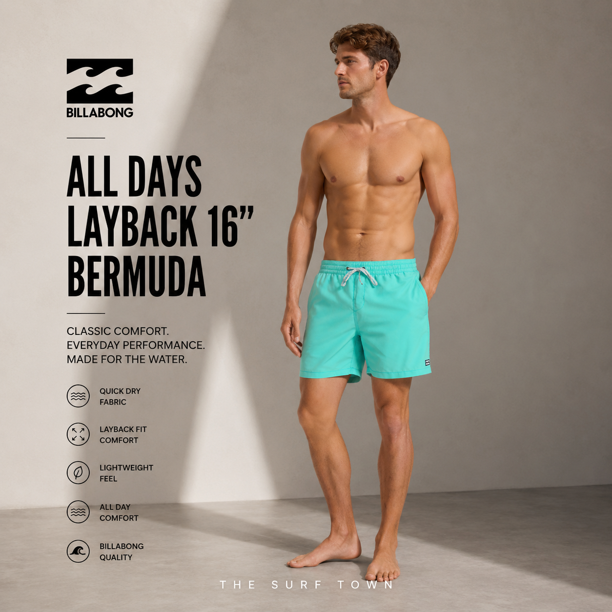 Fotografía propia de THE SURF TOWN del bañador Billabong All Days Layback 16 Bermuda verde agua para hombre en estudio editorial high fashion con iluminación profesional y estilo surf premium