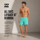 Fotografía propia de THE SURF TOWN del bañador Billabong All Days Layback 16 Bermuda verde agua para hombre en estudio editorial high fashion con iluminación profesional y estilo surf premium